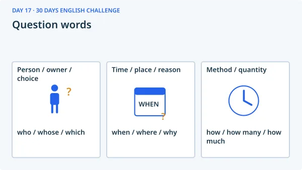 Question words: Person / owner / choice — who / whose / which; Time / place / reason — when / where / why; Method / quantity — how / how many / how much.