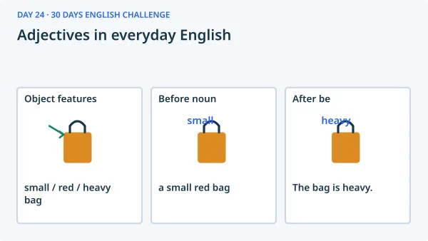 Adjectives in everyday English: Object features — small / red / heavy bag; Before noun — a small red bag; After be — The bag is heavy..
